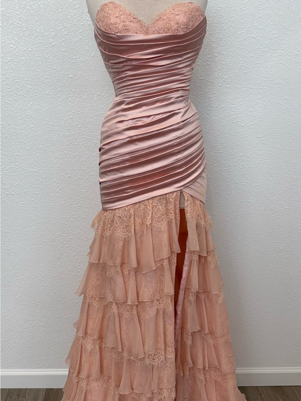 Sherri Hill 57874 Strapless Ruching & Tiered Lace Evening Gown in Blush